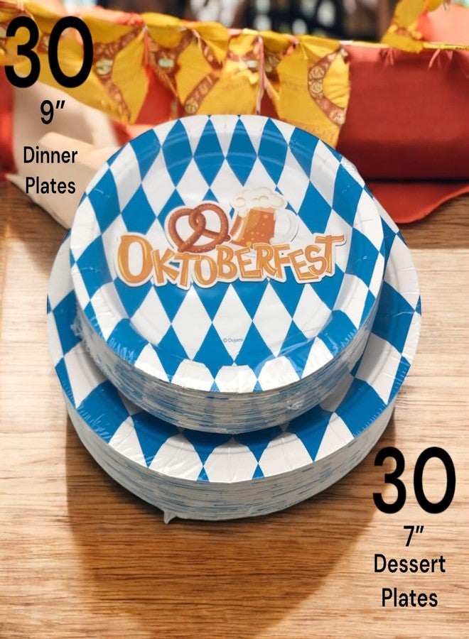 Oojami لوازم حفلة أكتوبر فيست لـ 30 ضيف - مجموعة أطباق وأكواب ومناشف بطابع بافاري - أطباق عشاء 9 بوصة، أطباق حلوى 7 بوصة، أكواب 12 أونصة، مناشف 3 طبقات - زينة وأدوات مائدة مثالية لأكتوبر فيست - Image 2