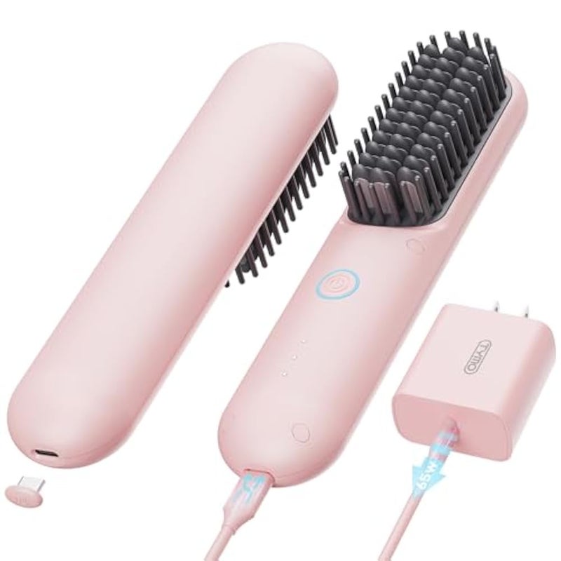 TYMO PORTA Mini Cordless Hair Straightener Brush, Portable Hair Straightener Comb with USB Rechargeable Feature, Negative Ion Hair Straightener Brush for women, Anti-Scald & Auto-Off, Pink - Image 1