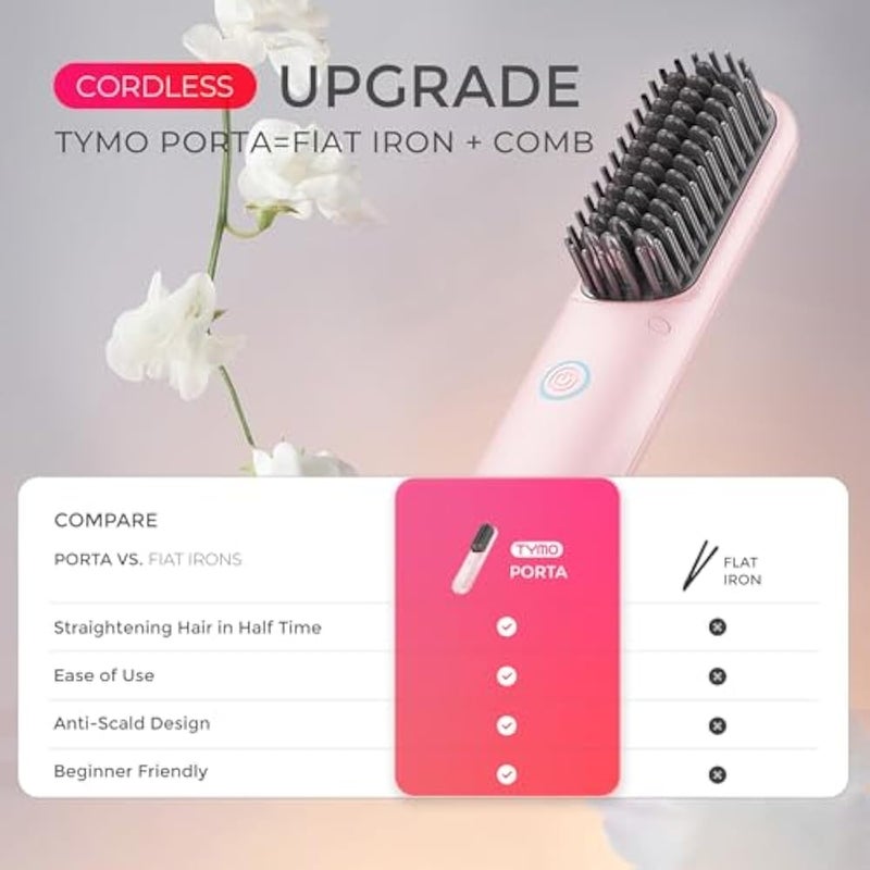 TYMO PORTA Mini Cordless Hair Straightener Brush, Portable Hair Straightener Comb with USB Rechargeable Feature, Negative Ion Hair Straightener Brush for women, Anti-Scald & Auto-Off, Pink - Image 3