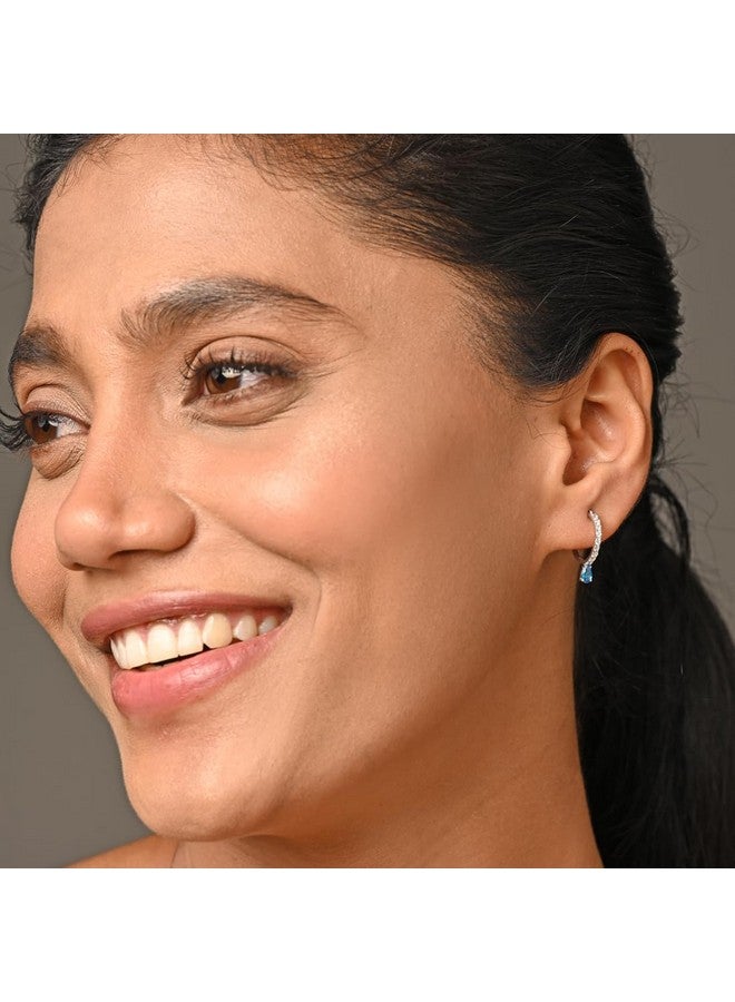 CLARA 925 Sterling Silver Sky Blue Hoop Bali Earrings | Rhodium Plated, Swiss Zirconia | Gift for Women & Girls - Image 4