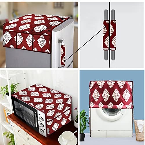 E-Retailer® Exclusive 3-Layered Polyester Combo Set of Appliances Cover (1 Pc. Fridge Top Cover, 2 Pc. Handle Cover, 1 Pc. of Microwave Oven Top Cover and 1 Pc. Front Load Washing Machine Cover) (Color-Maroon, Design-Ethnic, Set Contains-3 Pcs.) - Image 1