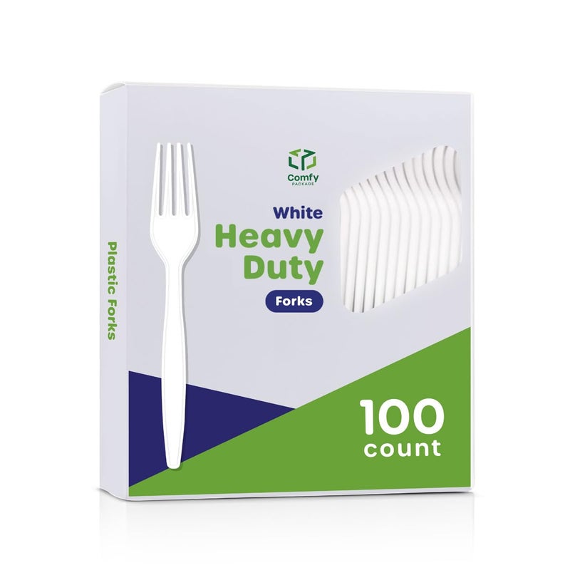 Comfy Package 100 Pack Basic Disposable Plastic Forks White Plastic Forks Heavy Duty  Perfect for Parties Events and Dinner