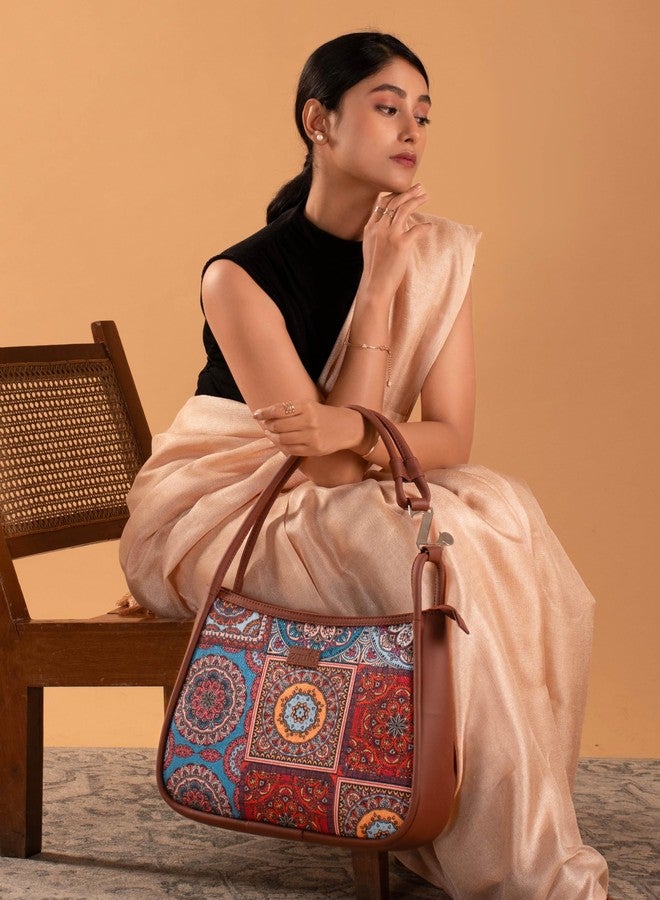 ZOUK Multicolor Mandala Printed Jute Handcrafted Vegan Leather Multicolor Women's Sleek Shoulder Bag |Hobo Bag| - Image 2