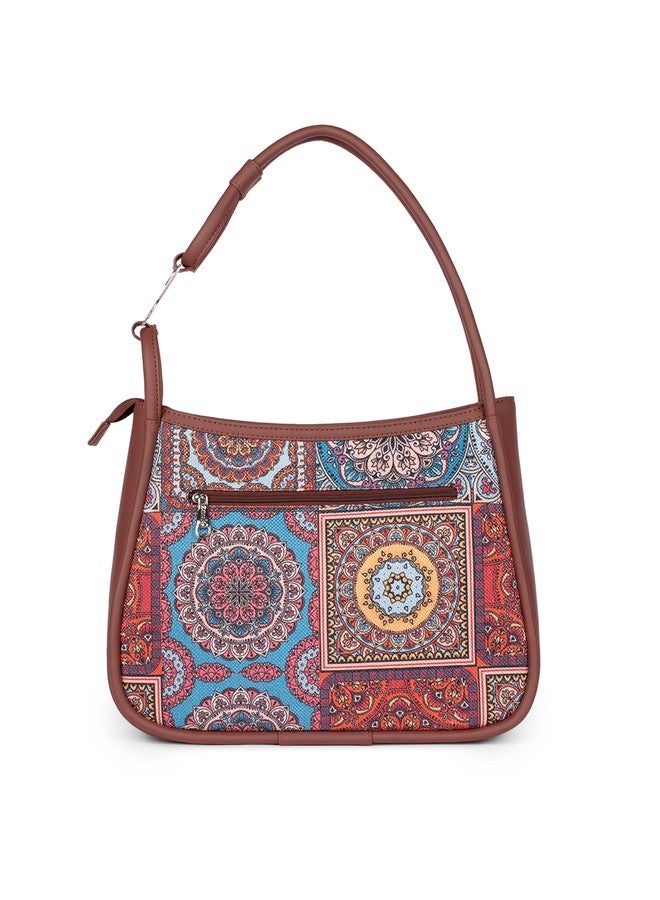 ZOUK Multicolor Mandala Printed Jute Handcrafted Vegan Leather Multicolor Women's Sleek Shoulder Bag |Hobo Bag| - Image 5
