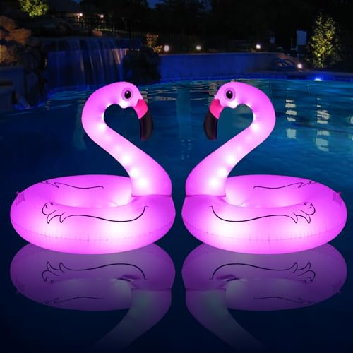 FlyfreeU Flamingo Inflatable Pool Floats with Lights, Solar Flamingo Pool Floats for Adults, 42 Inch Pool Float Lake Beach Floaty, Swimming Pool Float Raft Lounge for Adults Party Water Fun(2) - Image 1