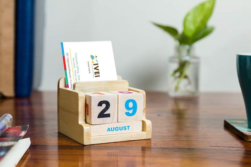 IVEI Wooden Desk Calendar with Pen/Card Holder - Lifetime Calendar - Minimal Desk Calendar & Pen Holder - Mini Desk Organizer Wooden Perpetual Calendar set for Desk Decor, Study Room, Home & Office - Image 3