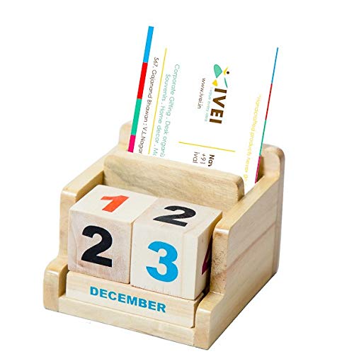 IVEI Wooden Desk Calendar with Pen/Card Holder - Lifetime Calendar - Minimal Desk Calendar & Pen Holder - Mini Desk Organizer Wooden Perpetual Calendar set for Desk Decor, Study Room, Home & Office - Image 1