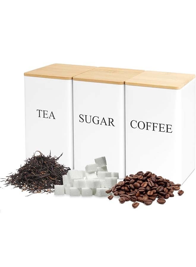 YIM-VIBEHAUS Set of 3 Tea Coffee Sugar Canisters, Kitchen Storage Jars with Bamboo Lid, Metal Storage Tin for Kitchen Containers & Storage White (8.5x8.5x15cm) - Image 1
