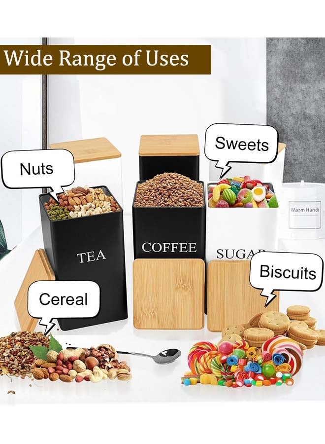YIM-VIBEHAUS Set of 3 Tea Coffee Sugar Canisters, Kitchen Storage Jars with Bamboo Lid, Metal Storage Tin for Kitchen Containers & Storage White (8.5x8.5x15cm) - Image 4