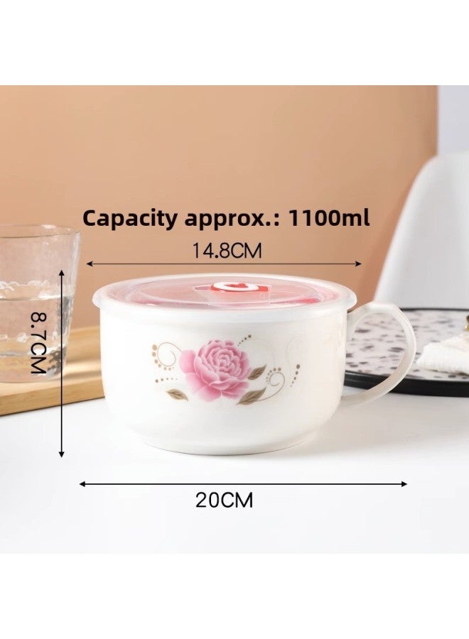 Ceramic Instant Noodle Bowl Rice Bowl Bowl With Lid And Handle Fresh-keeping Bowl Instant Noodle Bowl Bento Box Soup Bowl For Work Microwave-Specifications:Large Rich Peony  - Image 1