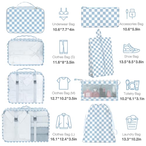 Hatisan 8 Set Packing Cubes for SuitcasesPacking Cubes with Shoe Bag Cosmetics Bag Clothing Bag Accessories Bags Packing Cubes for Travel Luggage Organizer Women MenBlue Checkered - Image 3