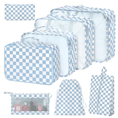 Hatisan 8 Set Packing Cubes for SuitcasesPacking Cubes with Shoe Bag Cosmetics Bag Clothing Bag Accessories Bags Packing Cubes for Travel Luggage Organizer Women MenBlue Checkered - Image 1
