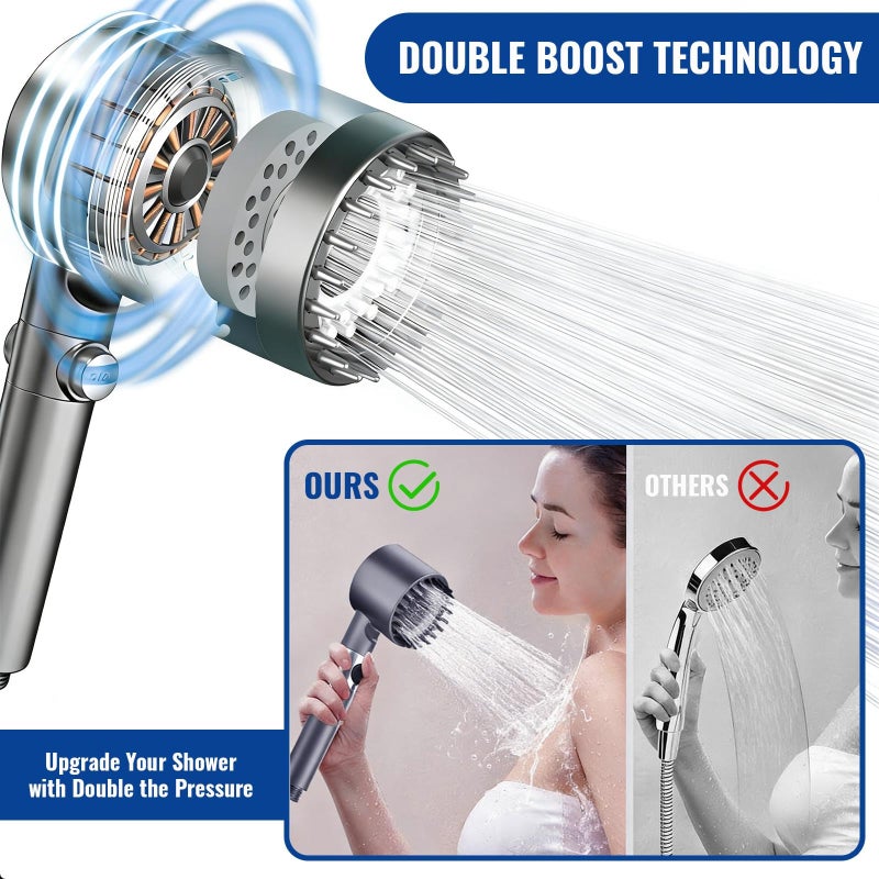 DIYOHFE FILTERED HANDHELD Shower Head with 5 Filters, HIGH PRESSURE 4 Spray Modes, Anti-Clog Silicone Nozzles, ON/OFF Pause Switch, Hose & Holder, G1/2 Fit for HARD WATER, Pet Bath - Image 3