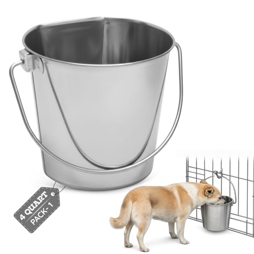 AASPIRE PETS 4 quart Stainless Steel Flat Side Bucket | 1 gal Durable Heavy Duty Food & Water Feeding Pails for Birds Dogs Cats Goat | Fits kennels Cages Critter Crates Hanging Pet Pail | Multipurpose - Image 1
