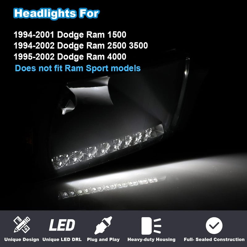ROXX Headlights Assembly for 1994-2001 Dodge Ram 1500 2500 3500, 1995-2002 Dodge Ram 4000, Headlights w/Led Drl, Amber Reflector, High Low Beam, Driver & Passenger Side (With Led DRL) - Image 3