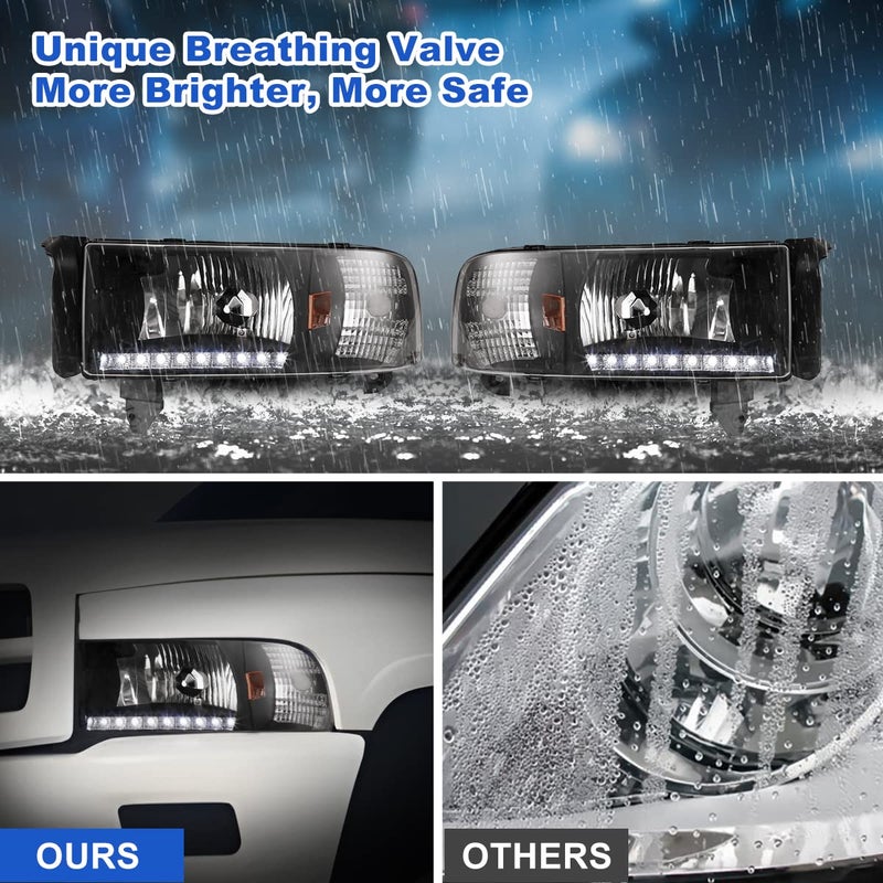 ROXX Headlights Assembly for 1994-2001 Dodge Ram 1500 2500 3500, 1995-2002 Dodge Ram 4000, Headlights w/Led Drl, Amber Reflector, High Low Beam, Driver & Passenger Side (With Led DRL) - Image 2