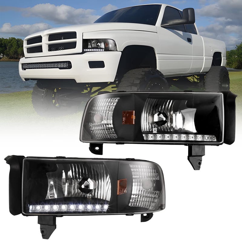 ROXX Headlights Assembly for 1994-2001 Dodge Ram 1500 2500 3500, 1995-2002 Dodge Ram 4000, Headlights w/Led Drl, Amber Reflector, High Low Beam, Driver & Passenger Side (With Led DRL) - Image 1