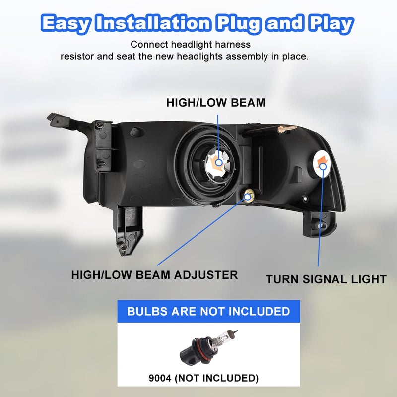 ROXX Headlights Assembly for 1994-2001 Dodge Ram 1500 2500 3500, 1995-2002 Dodge Ram 4000, Headlights w/Led Drl, Amber Reflector, High Low Beam, Driver & Passenger Side (With Led DRL) - Image 5
