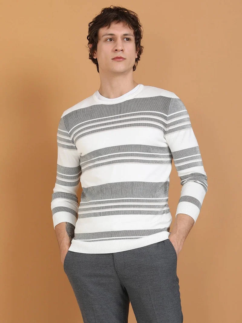 Kip Ecru Crew Neck Striped Sweater