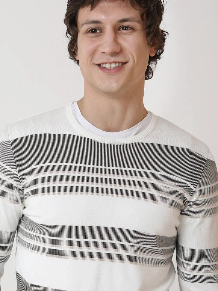 Kip Ecru Crew Neck Striped Sweater
