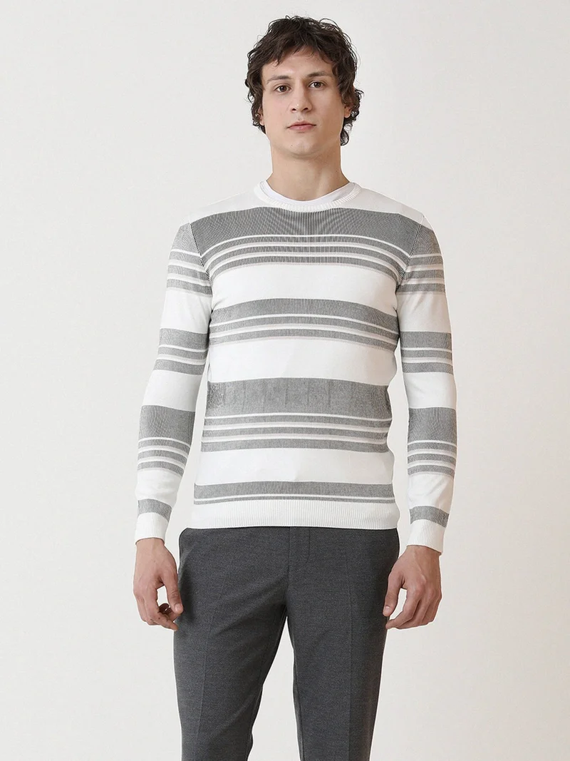 Kip Ecru Crew Neck Striped Sweater