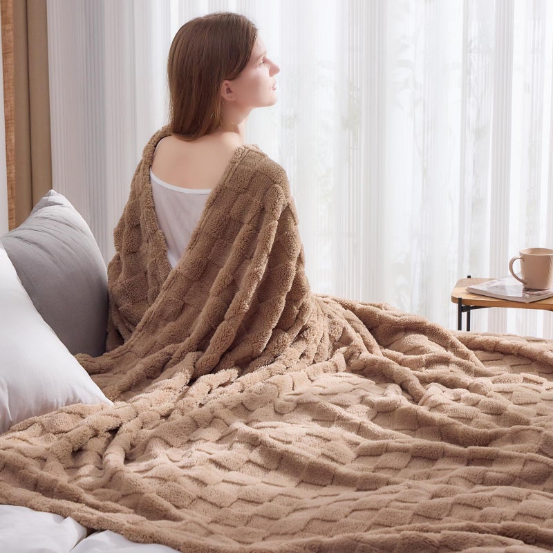 NEWCOSPLAY Super Soft Queen Blanket Taupe Premium Silky Flannel Fleece 3D Checkered Lightweight Bed Blanket All Season Use (Taupe Checkered  Queen(90""x90"")) - Image 3