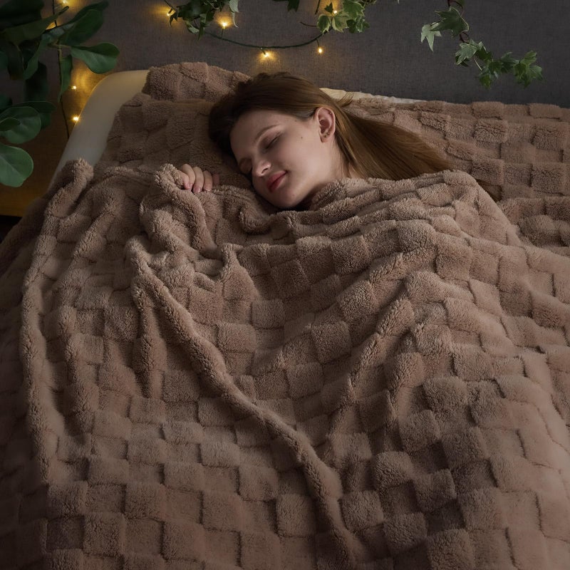 NEWCOSPLAY Super Soft Queen Blanket Taupe Premium Silky Flannel Fleece 3D Checkered Lightweight Bed Blanket All Season Use (Taupe Checkered  Queen(90""x90"")) - Image 2