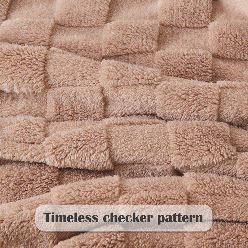 NEWCOSPLAY Super Soft Queen Blanket Taupe Premium Silky Flannel Fleece 3D Checkered Lightweight Bed Blanket All Season Use (Taupe Checkered  Queen(90""x90"")) - Image 5