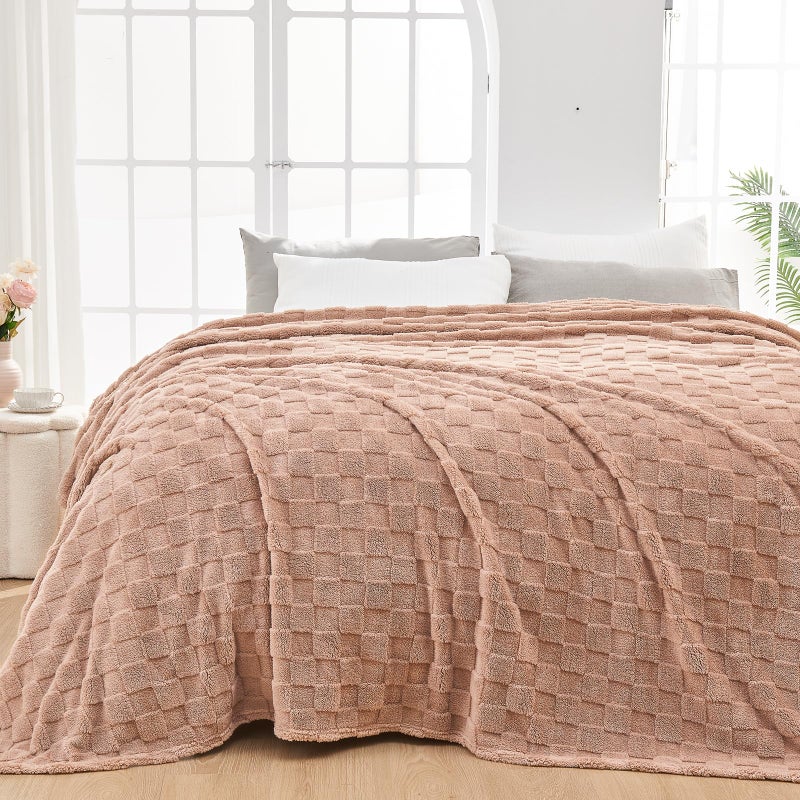NEWCOSPLAY Super Soft Queen Blanket Taupe Premium Silky Flannel Fleece 3D Checkered Lightweight Bed Blanket All Season Use (Taupe Checkered  Queen(90""x90"")) - Image 1