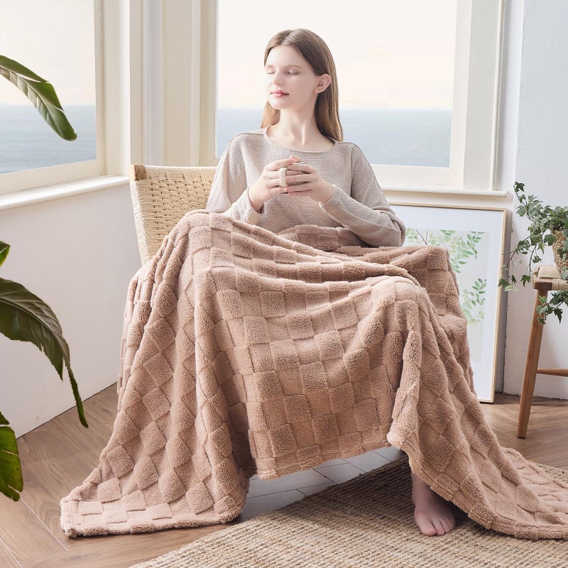 NEWCOSPLAY Super Soft Queen Blanket Taupe Premium Silky Flannel Fleece 3D Checkered Lightweight Bed Blanket All Season Use (Taupe Checkered  Queen(90""x90"")) - Image 4
