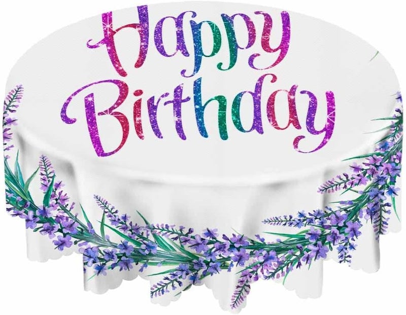 Yibeas Tablecloth Happy Birthday Tablecloths 60 Diameter Round Watercolor Wreath with Lavender Flowers Purple Lavender Flowers Tablecloths for Dining Kitchen Wedding and Parties - Image 5