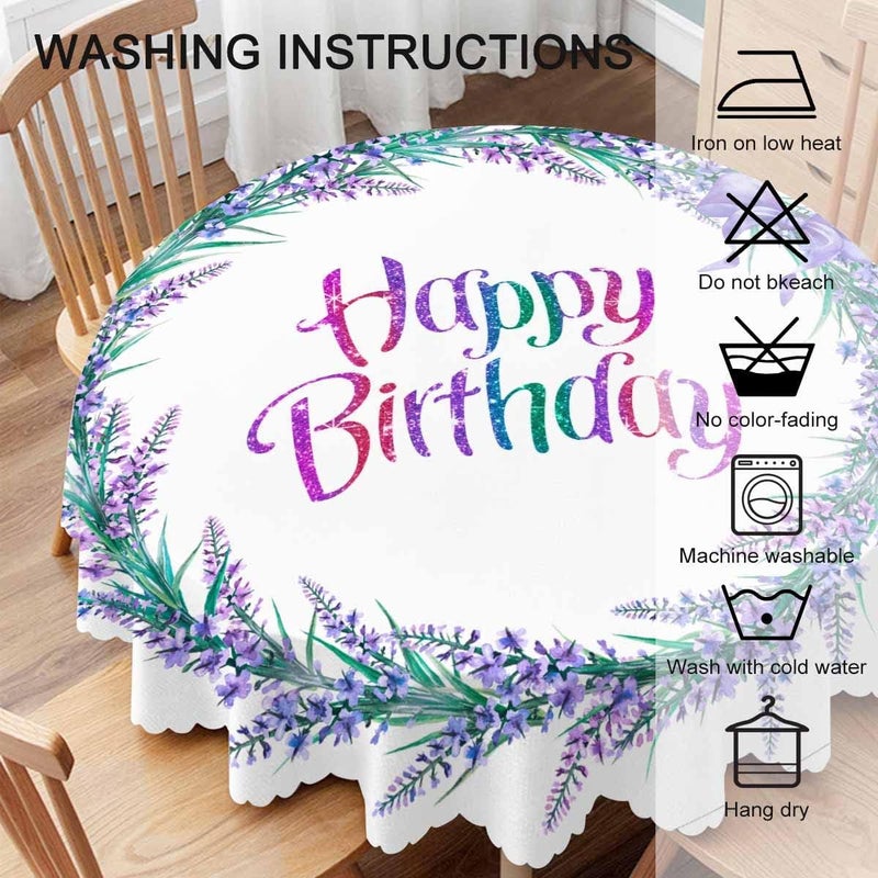 Yibeas Tablecloth Happy Birthday Tablecloths 60 Diameter Round Watercolor Wreath with Lavender Flowers Purple Lavender Flowers Tablecloths for Dining Kitchen Wedding and Parties - Image 4
