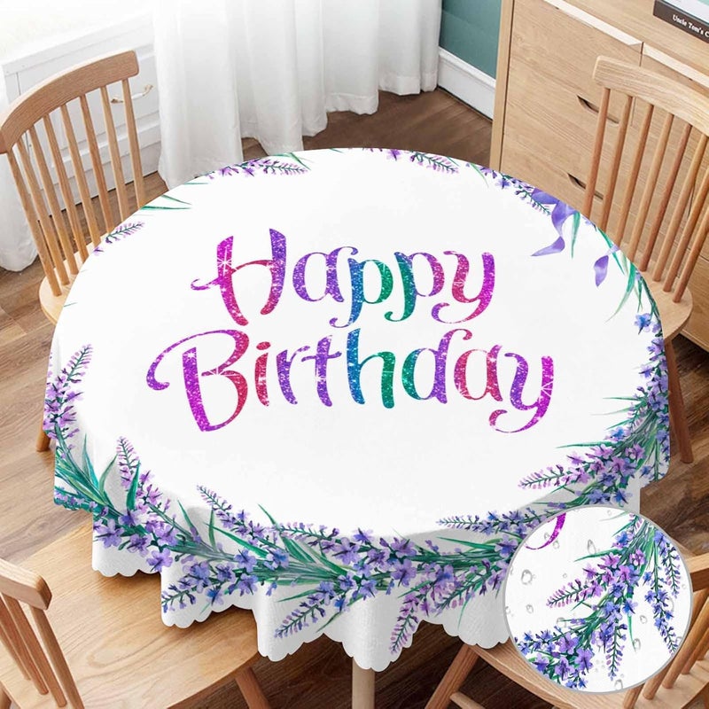 Yibeas Tablecloth Happy Birthday Tablecloths 60 Diameter Round Watercolor Wreath with Lavender Flowers Purple Lavender Flowers Tablecloths for Dining Kitchen Wedding and Parties - Image 1
