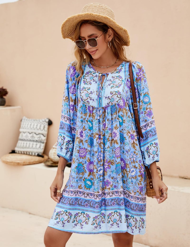 Bluetime Women Casual Summer Dress Boho V Neck 3/4 Sleeve Babydoll Floral Print Flowy Beach Dress (L, Very Peri) - Image 2