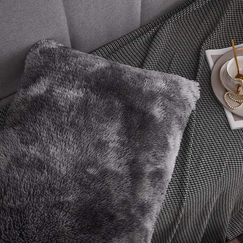 WERDIM WERDIM Shaggy Fluffy Faux Fur Pillowcases 2 Pack Button Closure Velvet Pillow Shams Standard/Queen Size (Tie Dye Dark Grey  20 X 26 Inches)  - Image 4