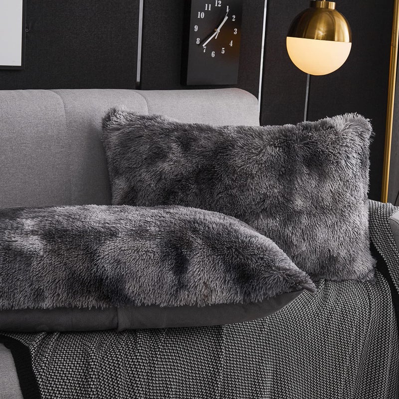 WERDIM WERDIM Shaggy Fluffy Faux Fur Pillowcases 2 Pack Button Closure Velvet Pillow Shams Standard/Queen Size (Tie Dye Dark Grey  20 X 26 Inches)  - Image 3