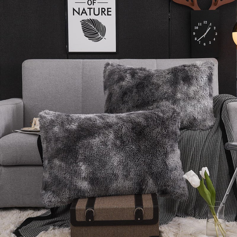 WERDIM WERDIM Shaggy Fluffy Faux Fur Pillowcases 2 Pack Button Closure Velvet Pillow Shams Standard/Queen Size (Tie Dye Dark Grey  20 X 26 Inches)  - Image 2