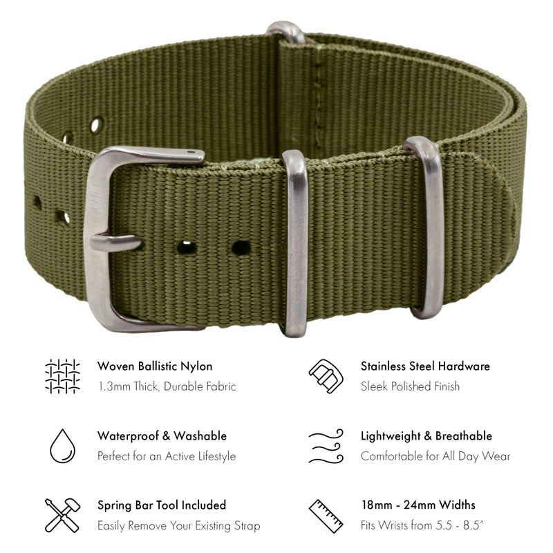 Benchmark Basics Nylon Watch Band - Waterproof Ballistic Nylon One-Piece Military Watch Straps for Men & Women (24mm, Army Green) - Image 2