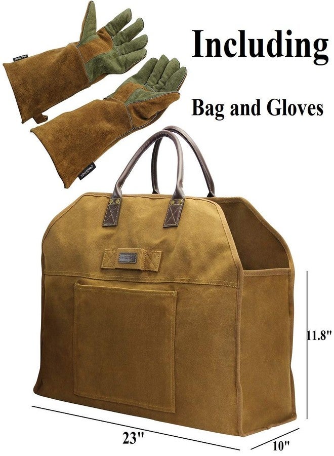 INNO STAGE Firewood Log Carrier Bag Waxed Canvas Tote Holder with Fireplace Pure Leather Gloves for Hay Hauling Outdoor Camping, BBQ Barbecue - Image 2