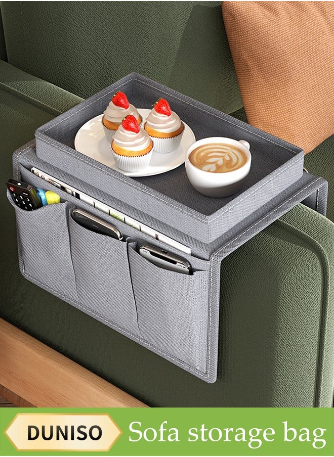 DUNISO Sofa Armrest Organizer, Foldable Sofa Storage Bag, Anti Slip Sofa Armchair Hanging Bag, With Top Tray, Wear Resistant And Waterproof，Suitable For Magazines, Tablets, Mobile Phones, Etc Ipad， Tissue Paper, Gray  - Image 1