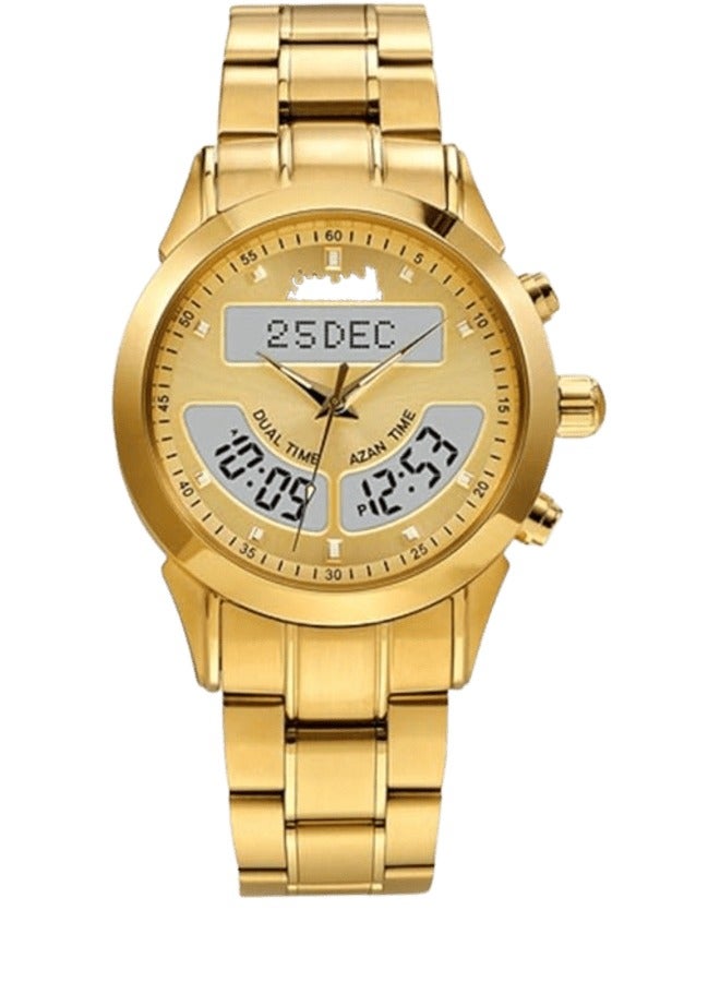 ساعة صلاة إسلامية للرجال من الفولاذ المقاوم للصدأ، ساعة تناظرية باللون الذهبي