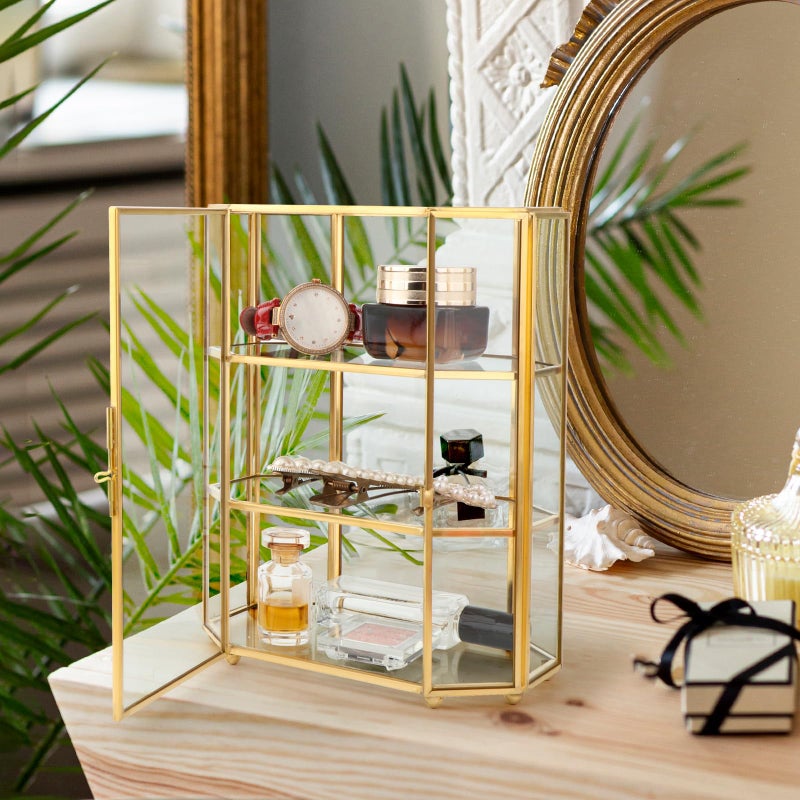MagiDeal MagiDeal Golden Vintage Octagon Glass Jewelry Box Display Case Organizer for Trinkets, Necklace, Ring, Diamond, Flower 6.7"x4"x8.3" - Image 2