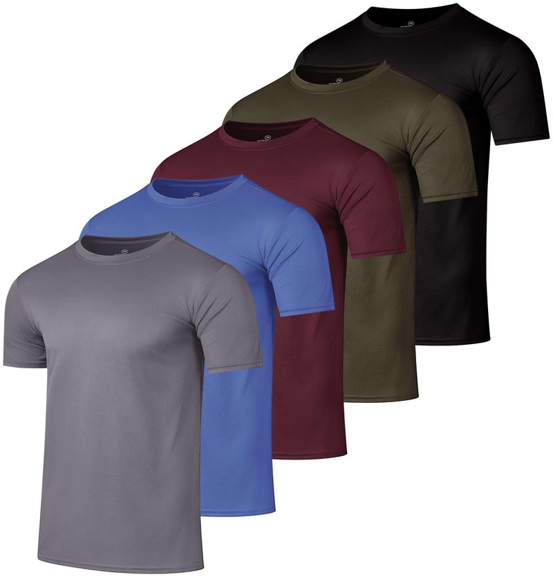 REALESSENTIALS Real Essentials 5 Pack Menâ€™s Active Quick Dry Mesh Crew Neck T Shirts | Athletic Short Sleeve Tee (Set 4, Black, Charcoal, Blue, Green, Burgundy - XL - Standard) - Image 1