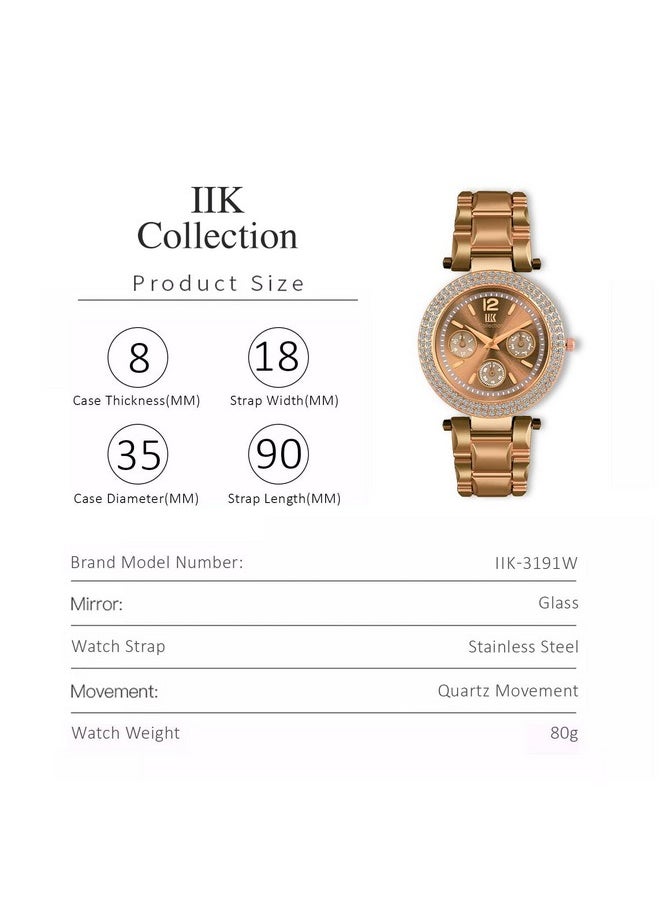 اي اي كيه كوليكشن - ساعات IIK COLLECTION للنساء بمينا بني وسوار من الفولاذ المقاوم للصدأ وسلسلة تناظرية ومينا مرصعة بالألماس - ساعات نسائية مقاومة للماء - Image 1