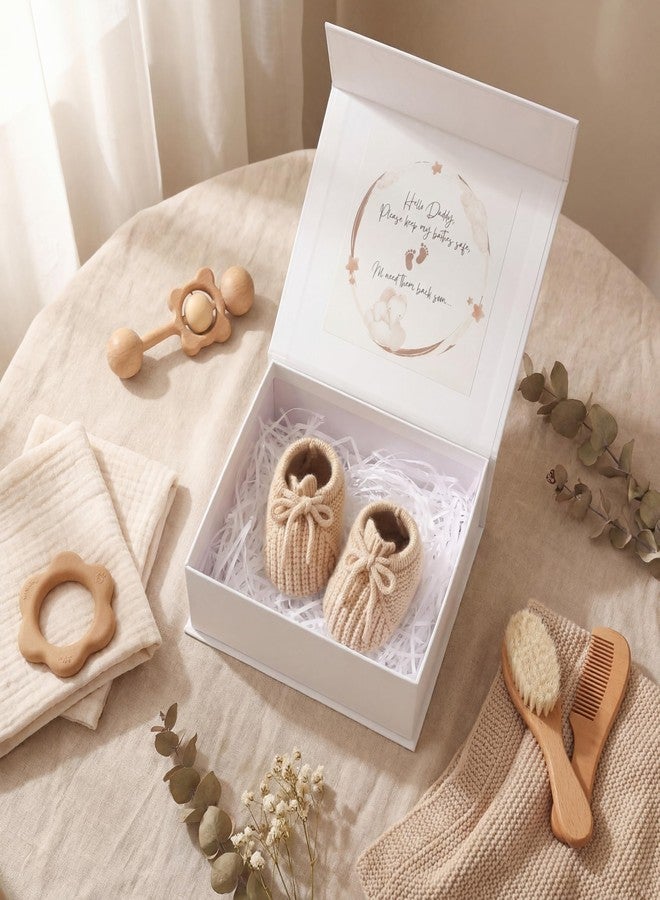 Bunnycool 3 Pcs Pregnancy Announcement to Husband Set Secret Message Magnetic Gift Box 1 Pair Beige Knit Baby Booties & 10g White Raffia Paper Shreds Surprise Baby Shower Reveal Idea for Dad to Be - Image 3