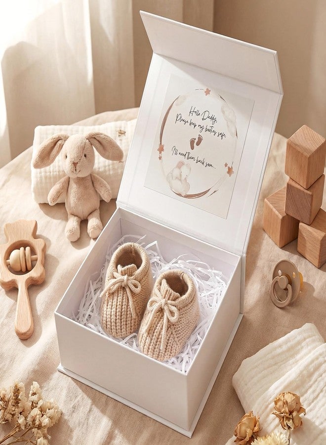Bunnycool 3 Pcs Pregnancy Announcement to Husband Set Secret Message Magnetic Gift Box 1 Pair Beige Knit Baby Booties & 10g White Raffia Paper Shreds Surprise Baby Shower Reveal Idea for Dad to Be - Image 1