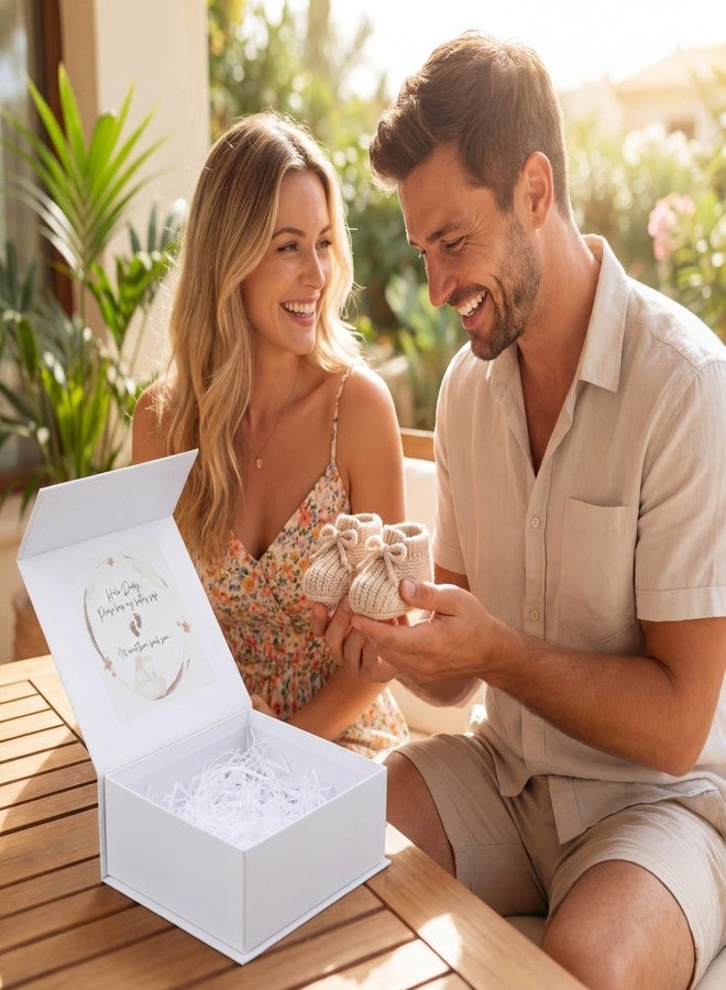 Bunnycool 3 Pcs Pregnancy Announcement to Husband Set Secret Message Magnetic Gift Box 1 Pair Beige Knit Baby Booties & 10g White Raffia Paper Shreds Surprise Baby Shower Reveal Idea for Dad to Be - Image 5