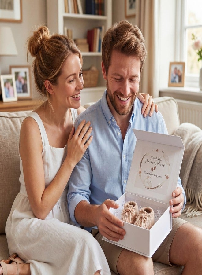 Bunnycool 3 Pcs Pregnancy Announcement to Husband Set Secret Message Magnetic Gift Box 1 Pair Beige Knit Baby Booties & 10g White Raffia Paper Shreds Surprise Baby Shower Reveal Idea for Dad to Be - Image 4