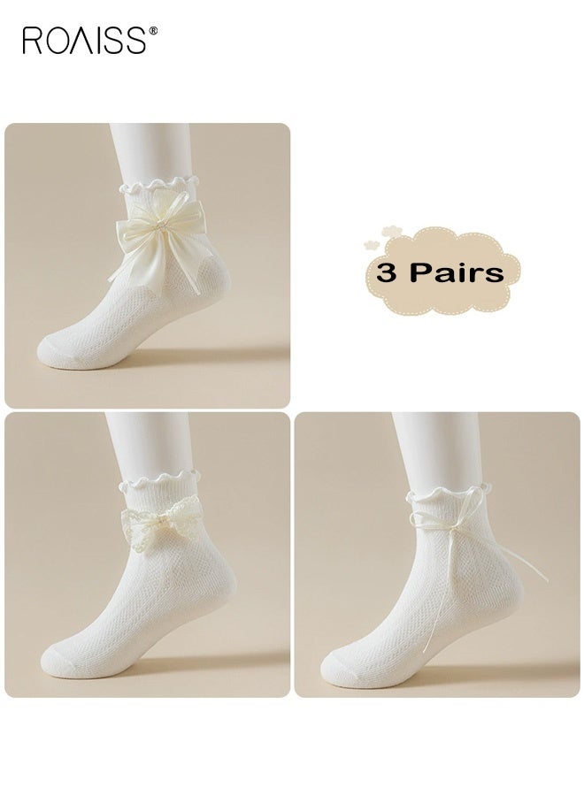 roaiss Girls 3 Pairs Mid-Calf Socks, Comfortable Mesh Socks Set, Anti-pilling Soft Socks with Bowknots and Ruffled Design, Stylish Middle Tube Socks for Girls, Suitable for Summer - Image 1