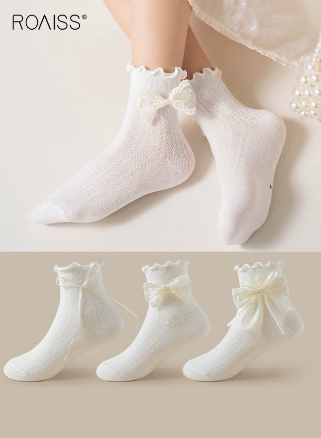 roaiss Girls 3 Pairs Mid-Calf Socks, Comfortable Mesh Socks Set, Anti-pilling Soft Socks with Bowknots and Ruffled Design, Stylish Middle Tube Socks for Girls, Suitable for Summer - Image 2